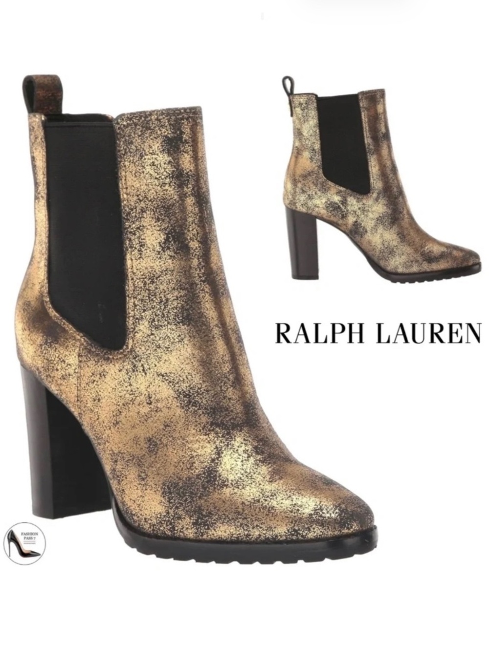 Ralph Lauren Mylah Booties Gold Black Suede Leather Pull-On Chelsea Heeled Boots